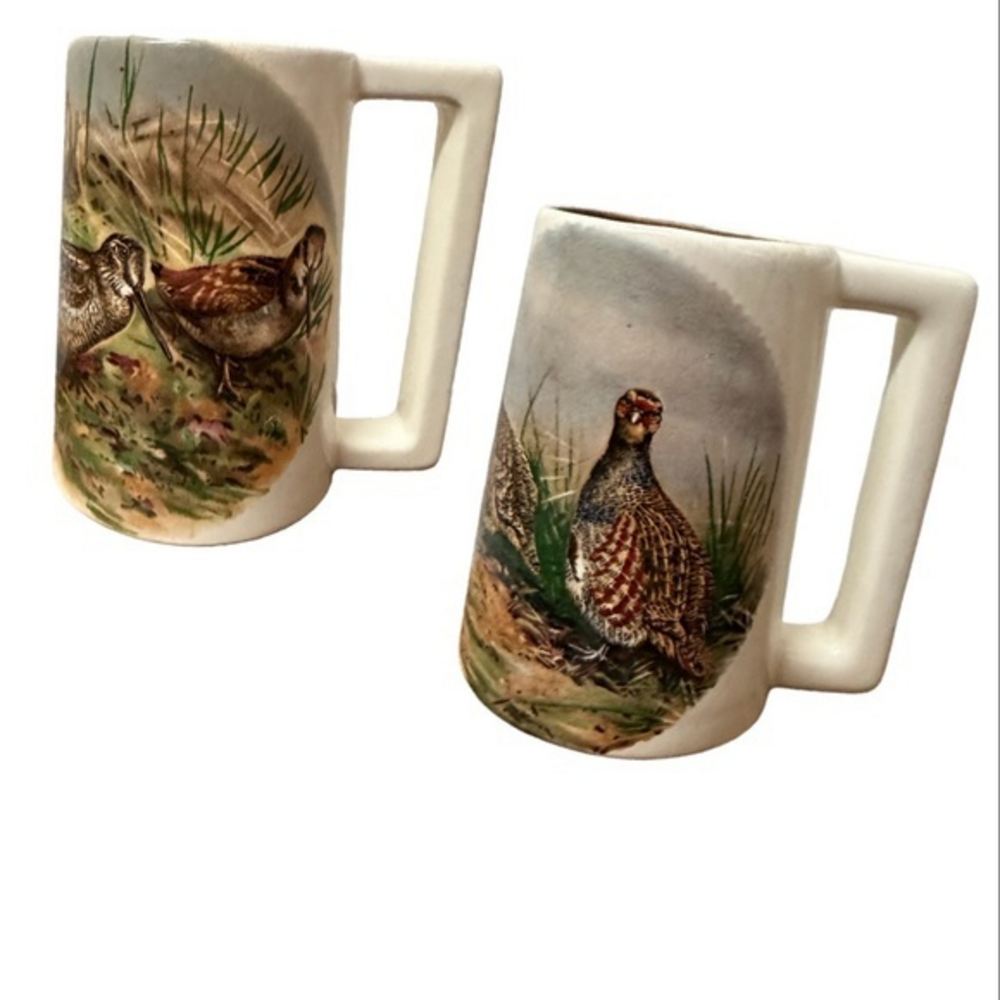 Set of (2) vintage wild game birds‎ mugs. Hand made 1976. Square full handle